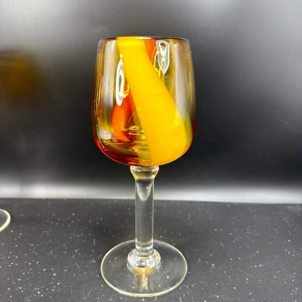 Pier 1 Hand Blown Art Glass Cups Glasses Set of 2 Amber Red Yellow Swirl Stripe